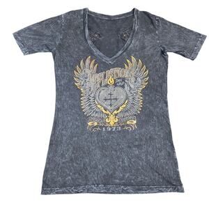 Affliction Shirt With Wings Womens Size XL Cross Bling Lace Wing Back‎ Top Biker